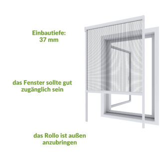 Insektenschutzrollo mit 37 mm Einbautiefe, außen anzubringen.